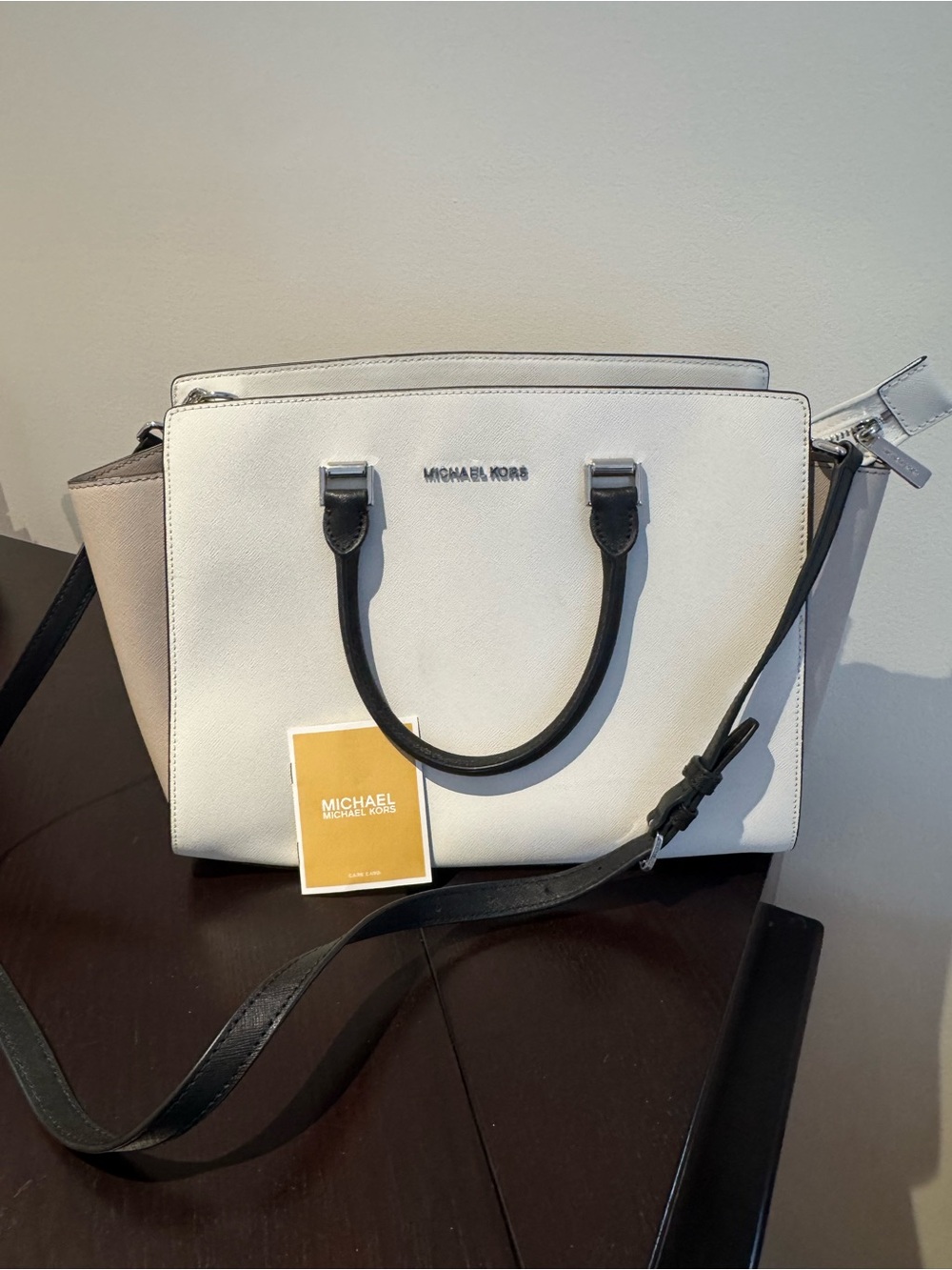 Michael Kors White Satchel with Black and beige Accents